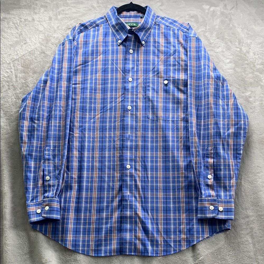 ORVIS ✬ L MEN'S CASUAL COLLARD PLAID BUTTON DOWN SHIRT ✬ BLUE ORANGE
